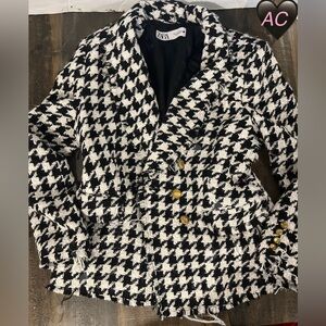 Zara Distressed Houndstooth Blazer Jacket